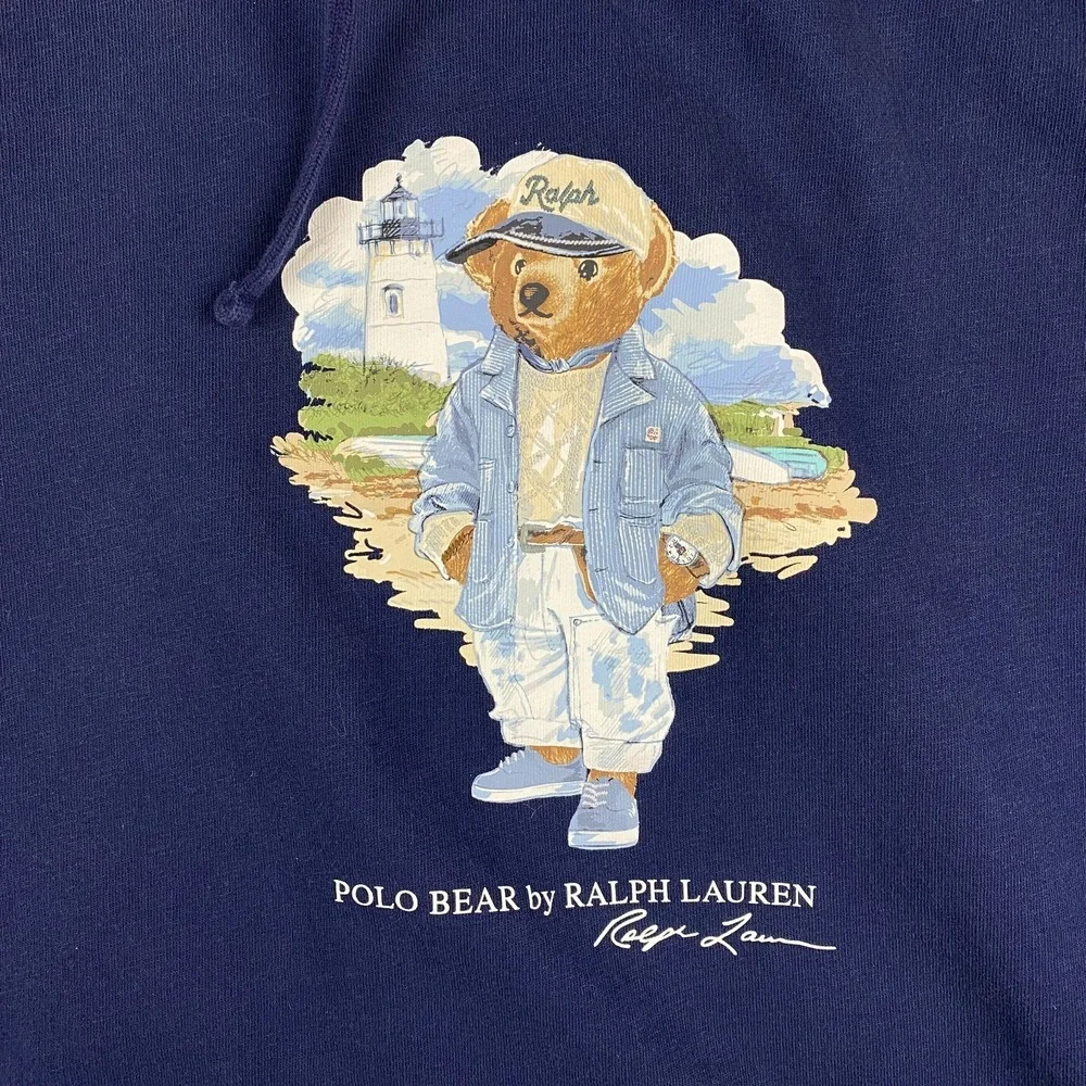 Polo Ralph Lauren Polo Bear Graphic Fleece Pullover Hoodie Navy Blue Men Size S